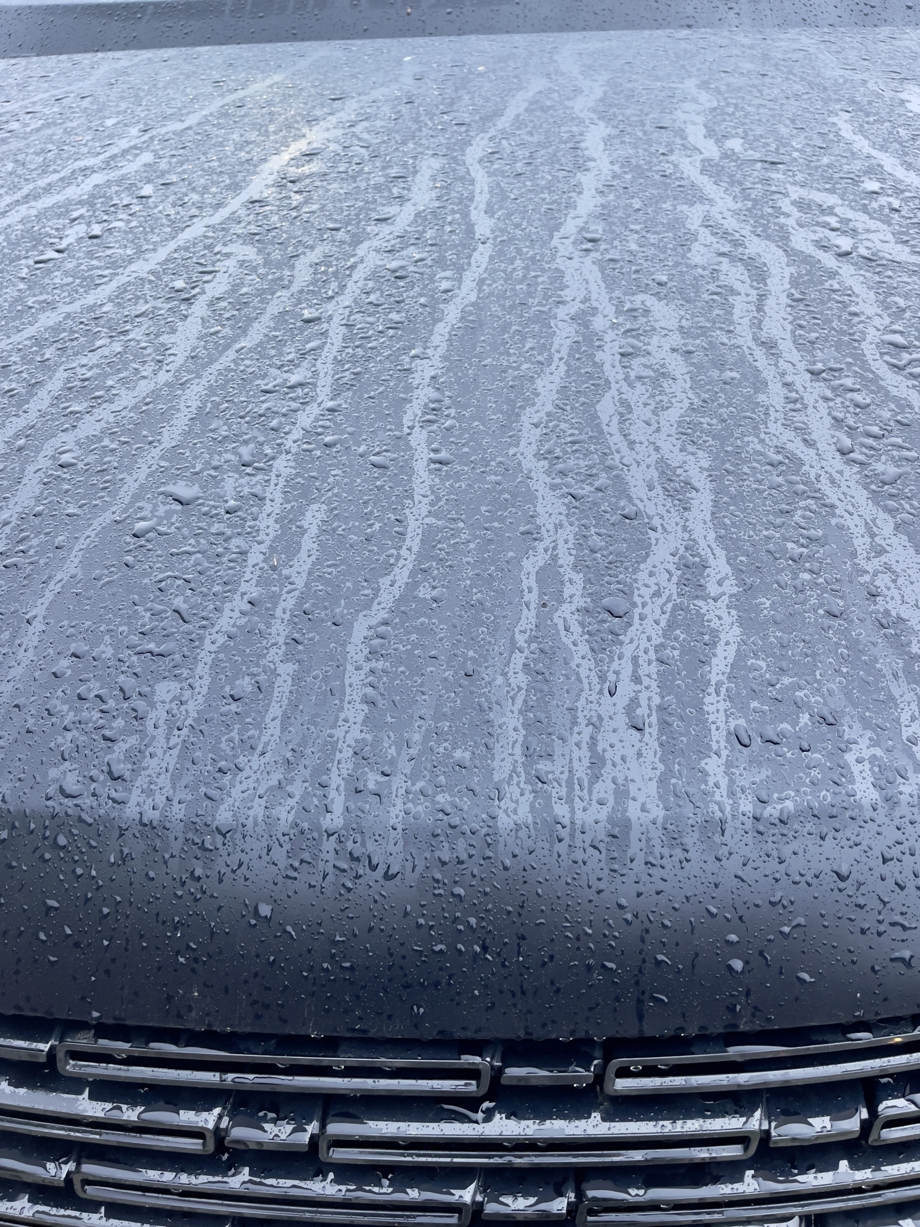 Raindrops and streaks on a car hood.