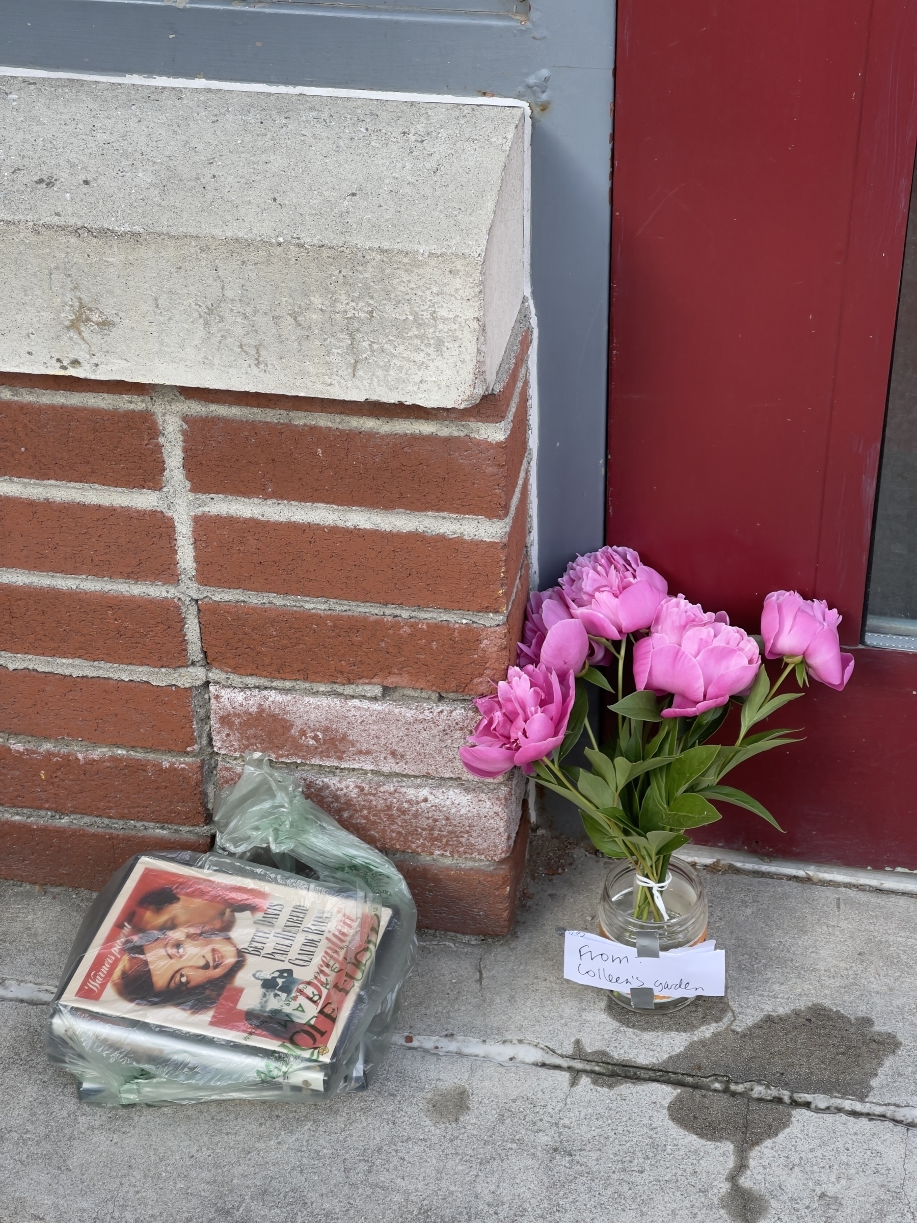 Books in a plastic bag, pink peony flowers in a glass jar by the door of a used bookstore.