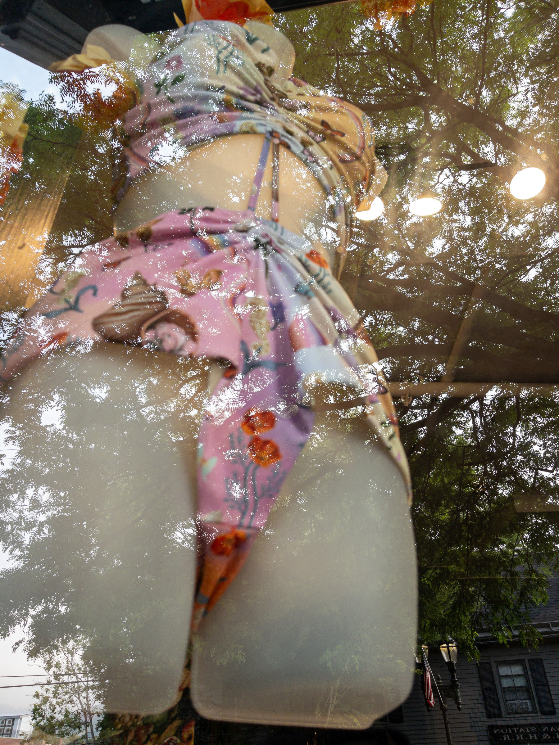 Woman’s bathing suit on a translucent mannequin form with tree branches reflected in the background.