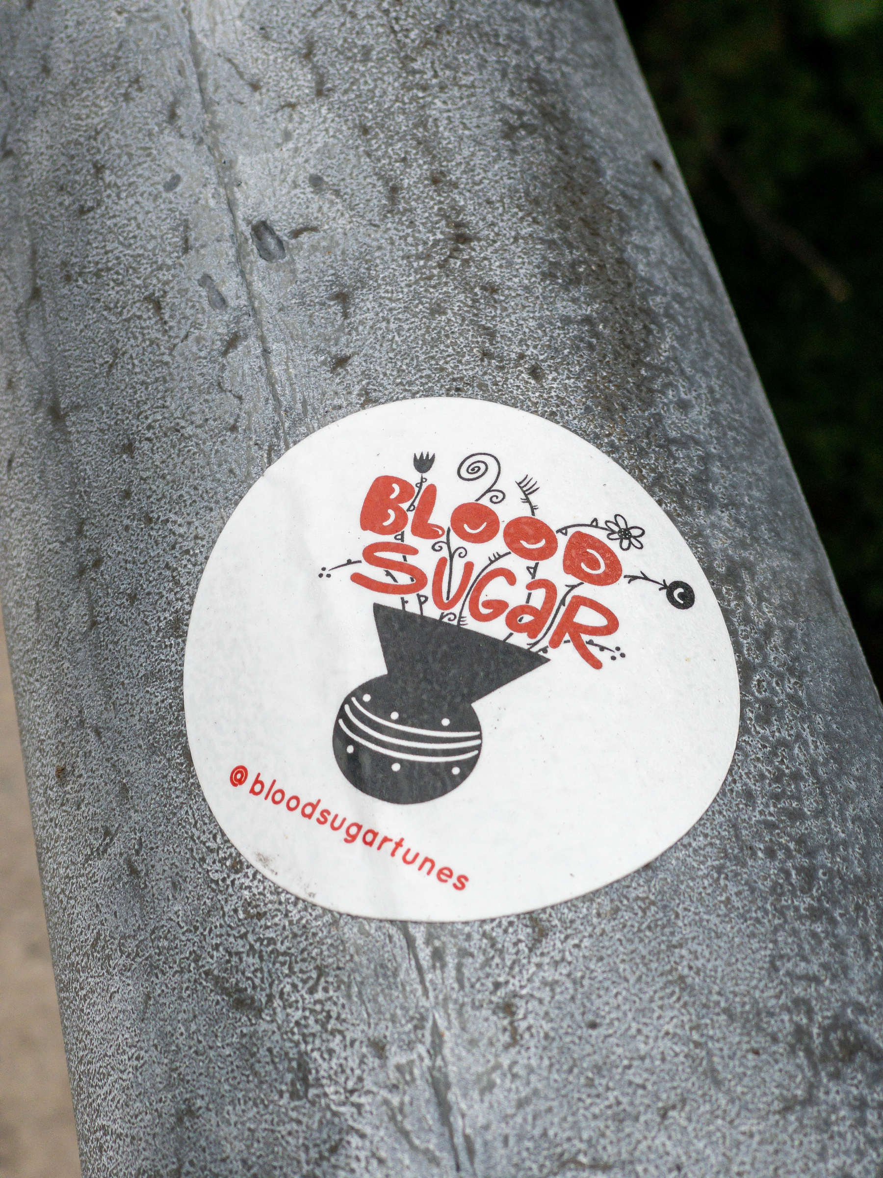 Circular sticker for Blood Sugar Tunes on metal rail.