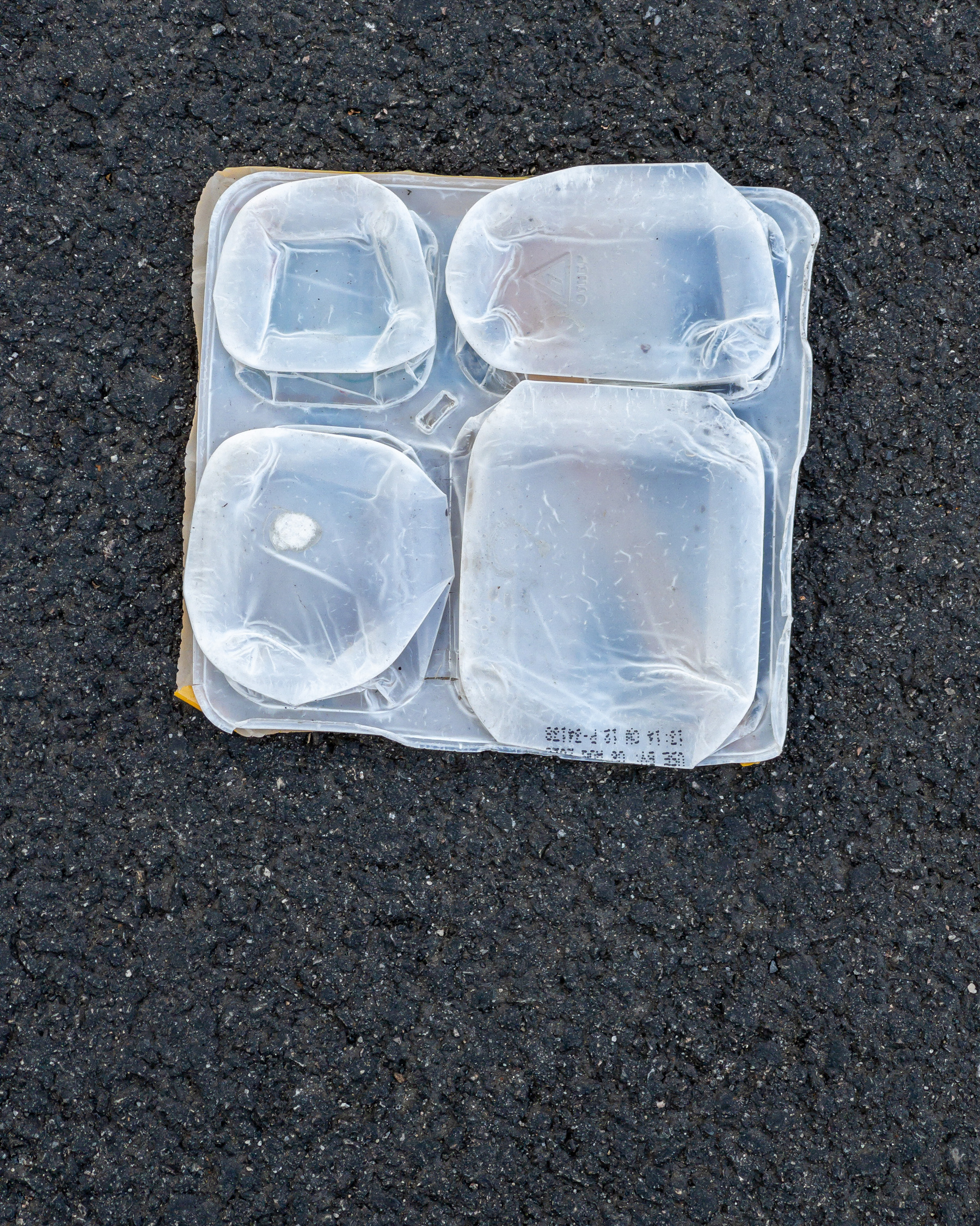 Square translucent plastic packaging tray with four compartments, flattened on asphalt pavement.