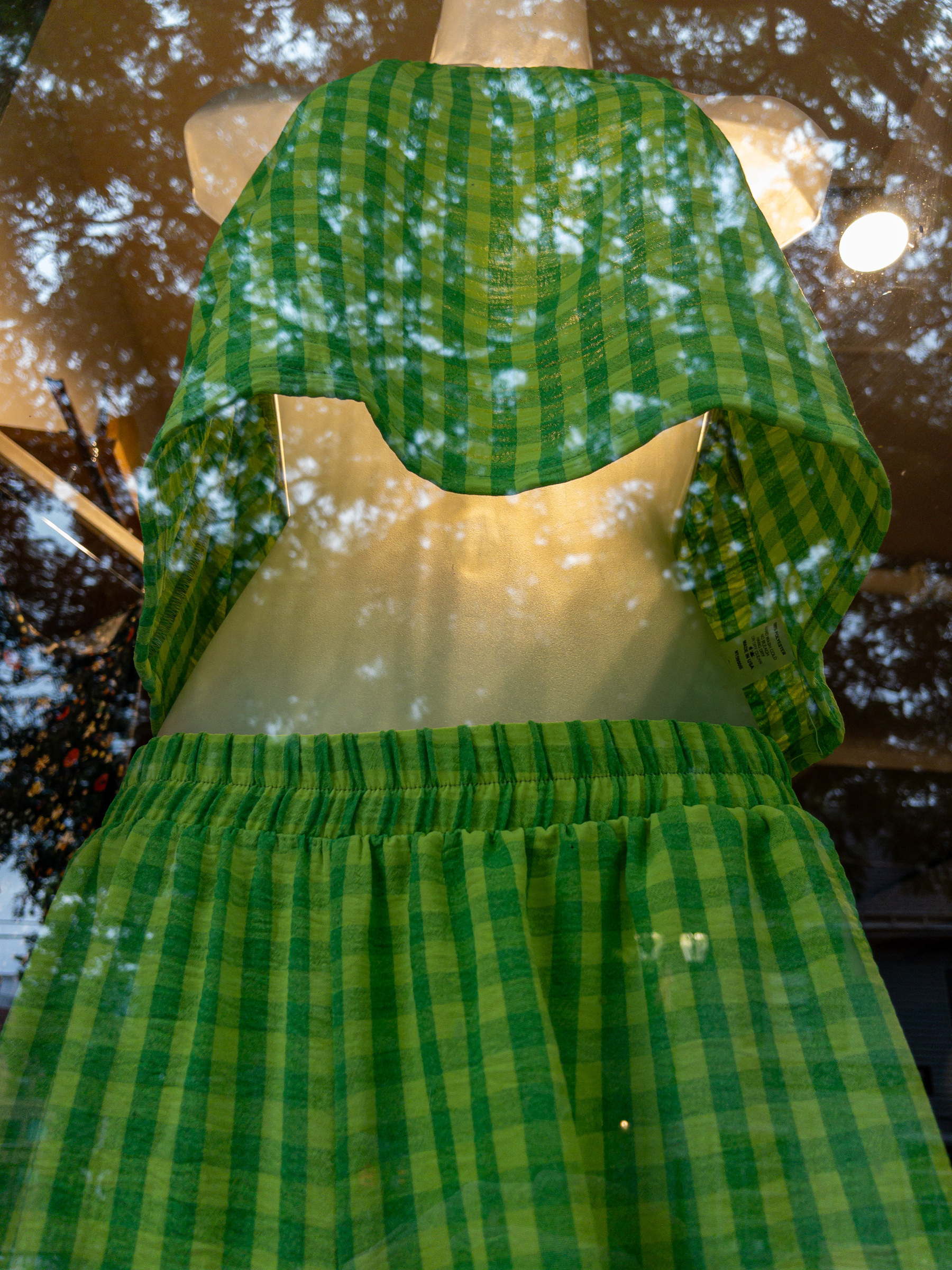 Green plaid woman’s halter top and pants on a translucent mannequin bust form, lit from behind. Reflections of trees overlaid.