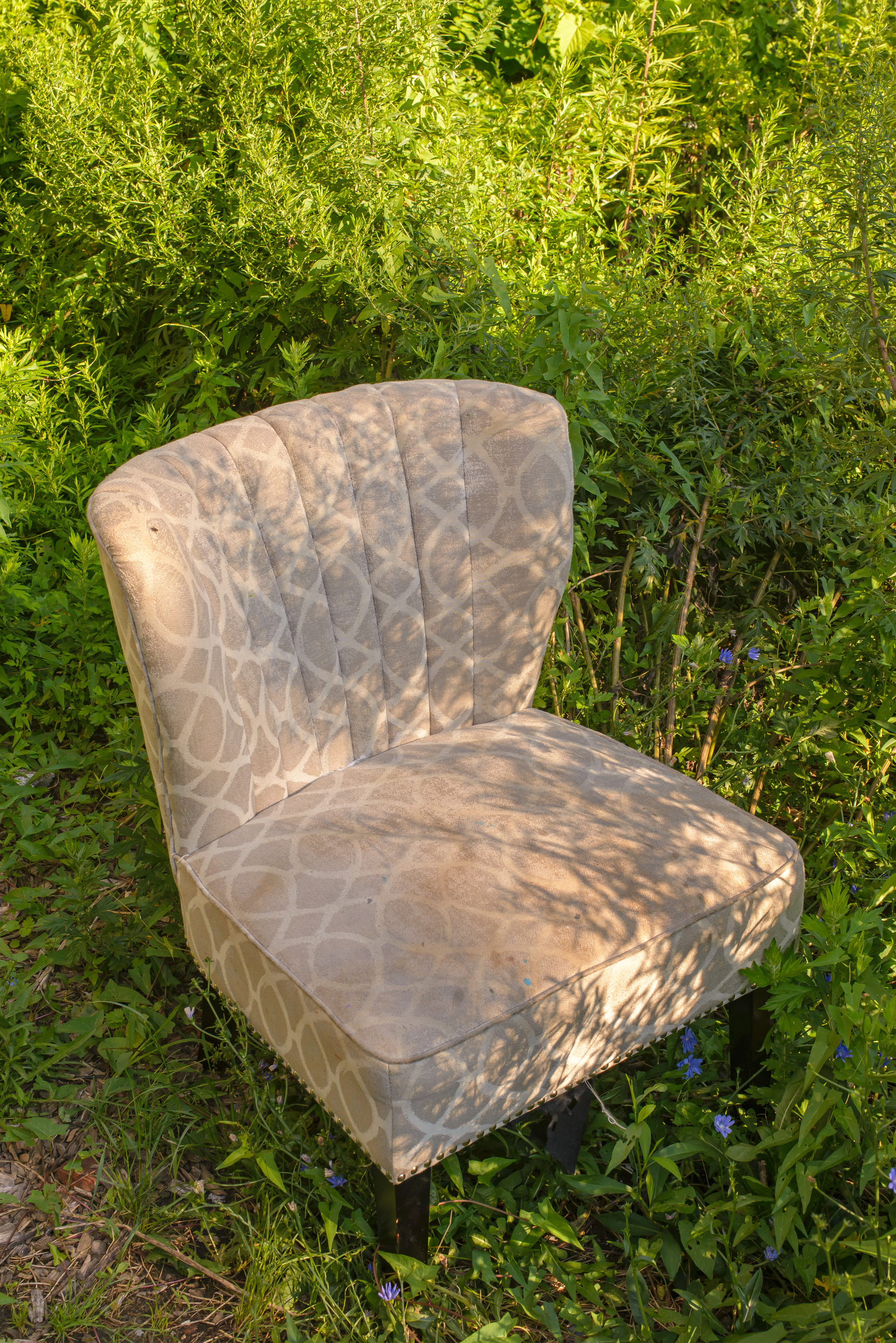 upholstered armless chair with beige print fabric in a vacant lot with weeds